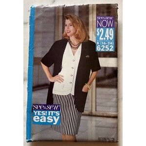 See & Sew Pattern 6252 Size B 16-18-20-22-24 Women's Jacket Top Skirt Uncut 1992